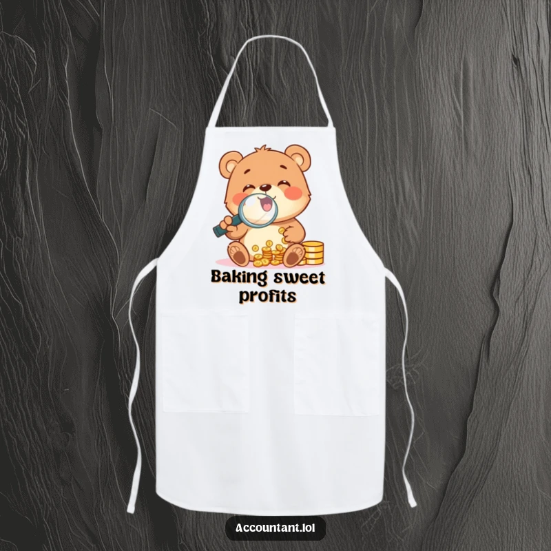 A cheerful bear cub gleefully counting coins using a magnifying glass, printed on a funny apron.