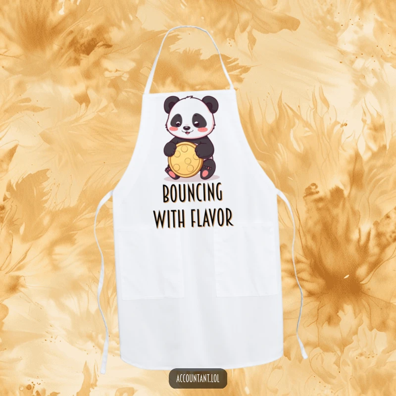 Funny panda apron showing a playful panda bouncing a coin, perfect for kitchen fun and protecting clothes.