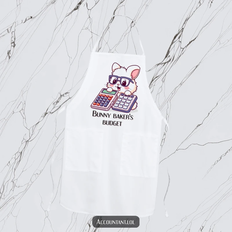 Funny bunny accountant apron, a fluffy bunny wearing glasses, comically stamping a giant calculator, making cooking more fun.