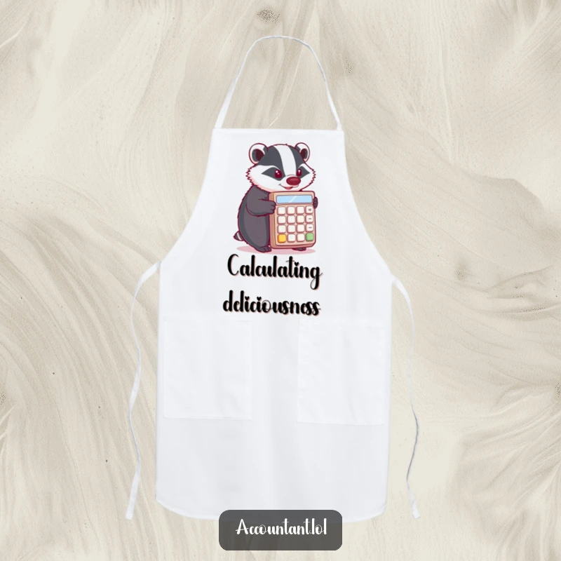 Funny Badger Apron: A determined badger pushes a large calculator, perfect for kitchen adventures and accounting humor.