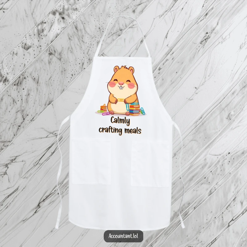 Funny Capybara Accountant Apron: A calm capybara smiles while stacking colorful paper clips, ready for kitchen duty.
