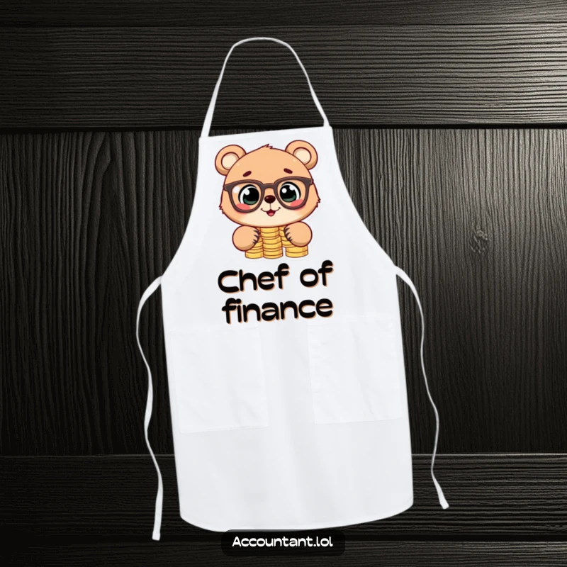 Funny apron showcasing a cute bear cub wearing glasses, stacking coins, adding a humorous and charming flair to kitchen activities.