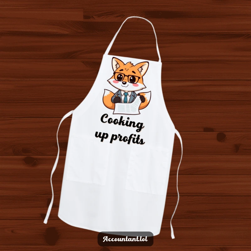 Funny Fox Accountant Apron: A grinning fox accountant draws a smiley face on a balance sheet, ready for cooking.