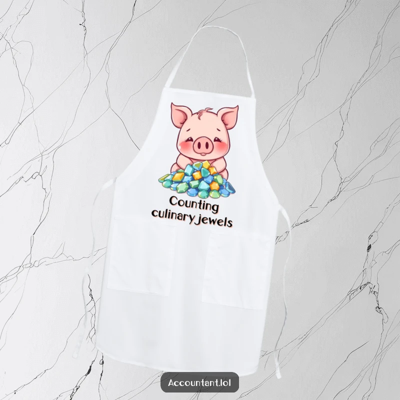 Funny Pig Apron: A smiling pig counts sparkling gems, perfect for kitchen adventures and luxurious cooking.