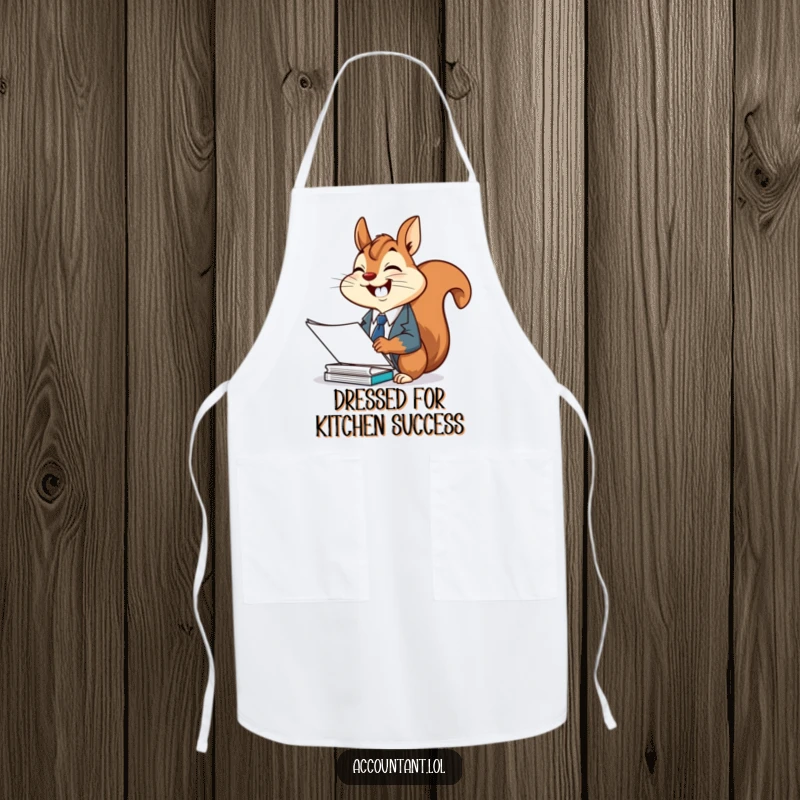 Funny squirrel office apron, a cheerful squirrel in a suit, giggling while filing documents, ideal for kitchen fun.