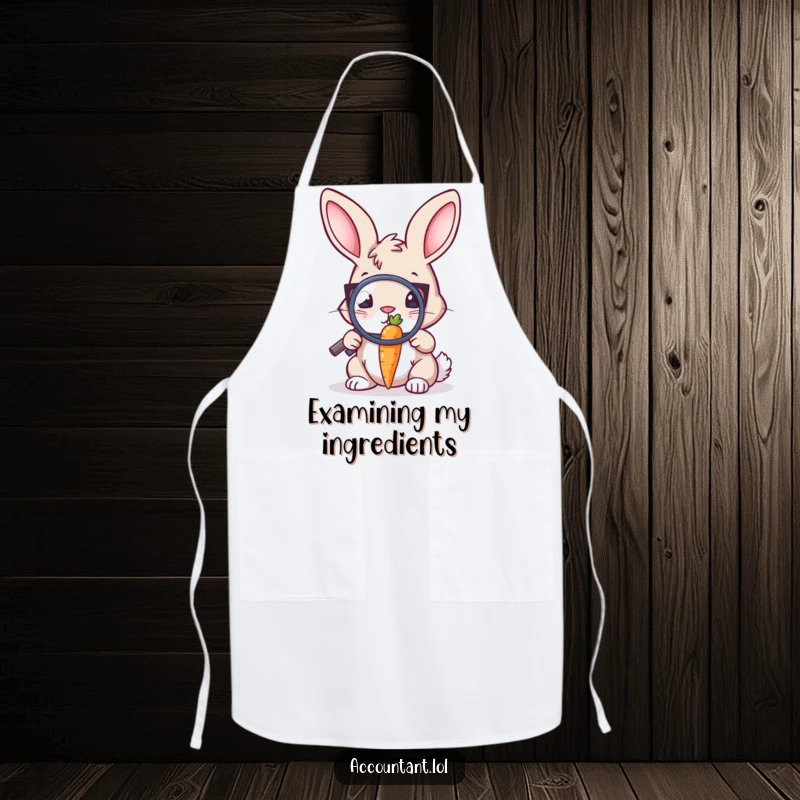 Funny Bunny Auditor Apron: A bunny auditor inspects a tiny carrot with a magnifying glass, ready for kitchen duty.