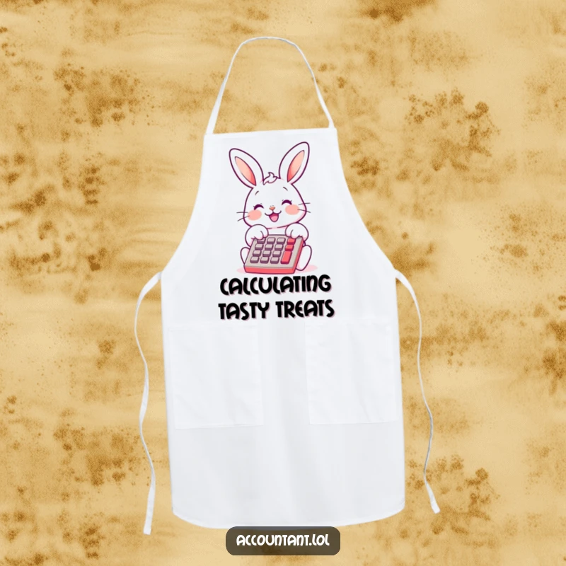 Funny Bunny Bookkeeper Apron, a smiling bunny, tapping calculator keys, cute and humorous, perfect for cooking and gifting.