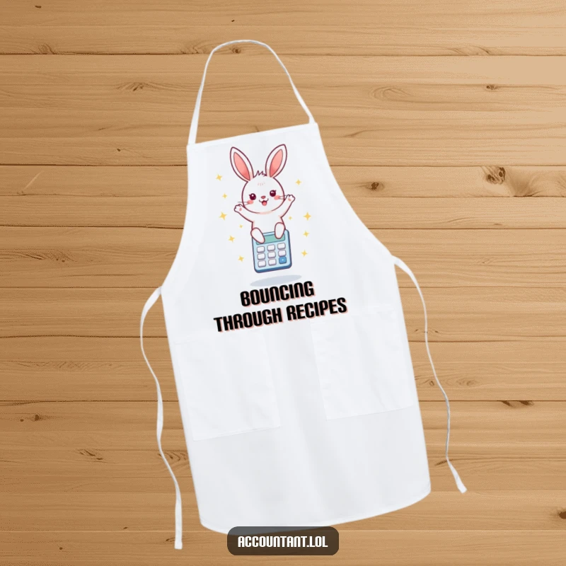 Funny apron design with a joyful bunny enthusiastically bouncing on a calculator, surrounded by starbursts, for a fun cooking experience.
