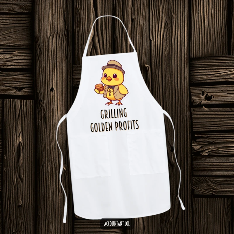Funny cheerful yellow chick in a tiny suit balancing coins on its beak, worn as a kitchen apron.