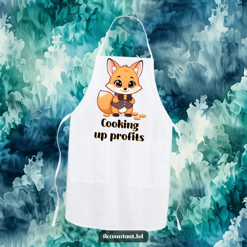 Funny fox money apron, a mischievous fox wearing a vest, counting coins with wide eyes, ideal for kitchen fun.