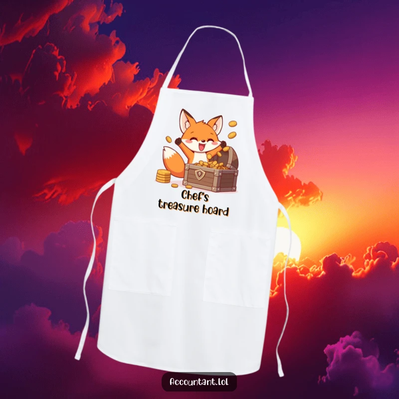 Funny fox treasure apron, an energetic fox tossing coins into a treasure chest, adding a fun element to kitchen tasks.