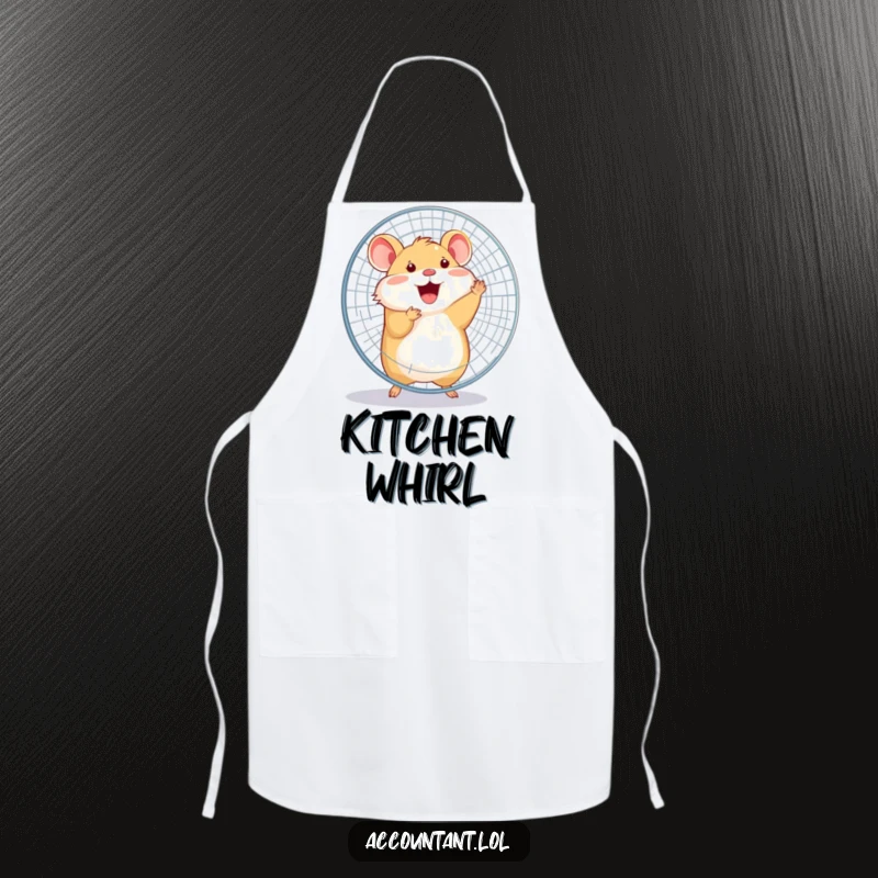 Funny happy hamster joyfully spinning a large office fan with its entire body on a practical apron for cooking.