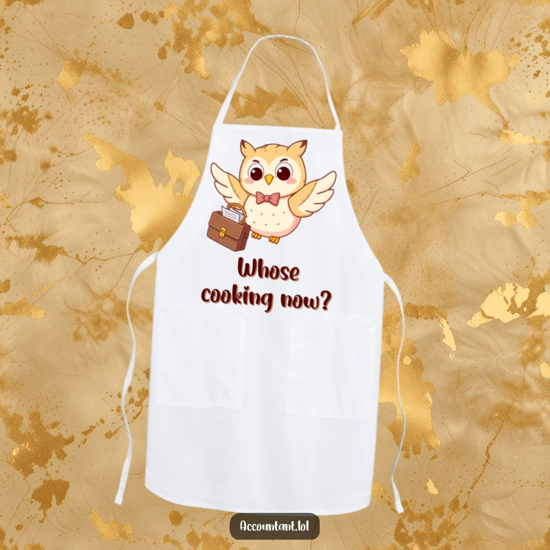 Funny happy owl in a bow tie, flying with a briefcase, a humorous and practical apron for kitchen enthusiasts.