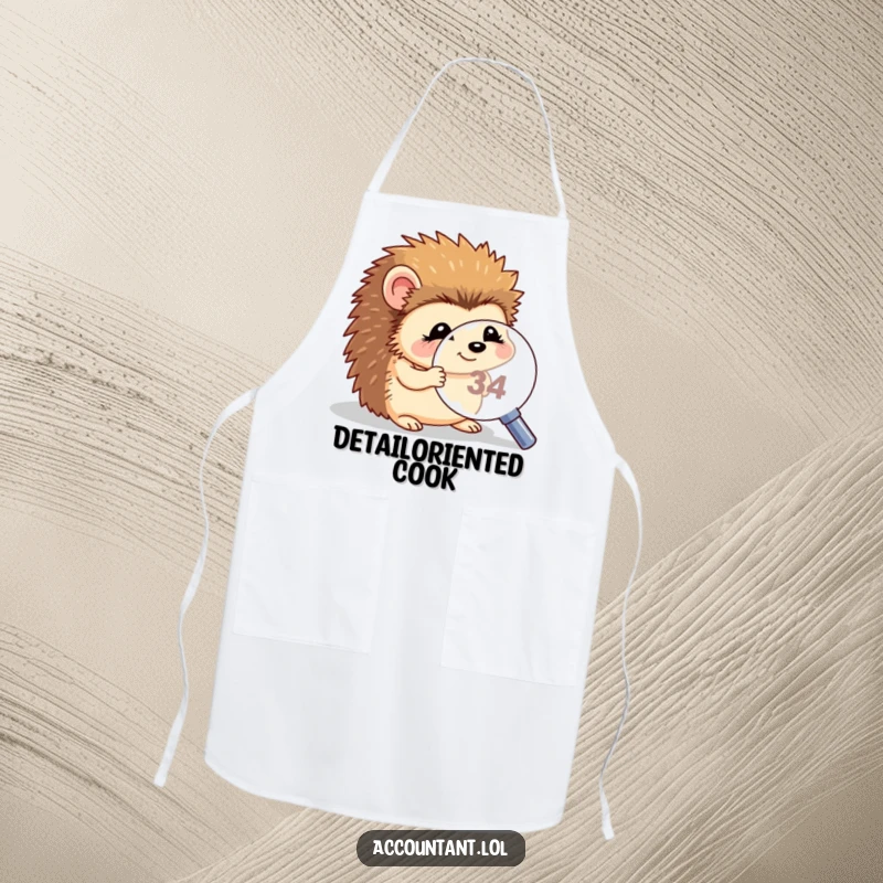Funny hedgehog magnifying apron, a giggling hedgehog using a magnifying glass to inspect a number, adding fun to kitchen tasks.