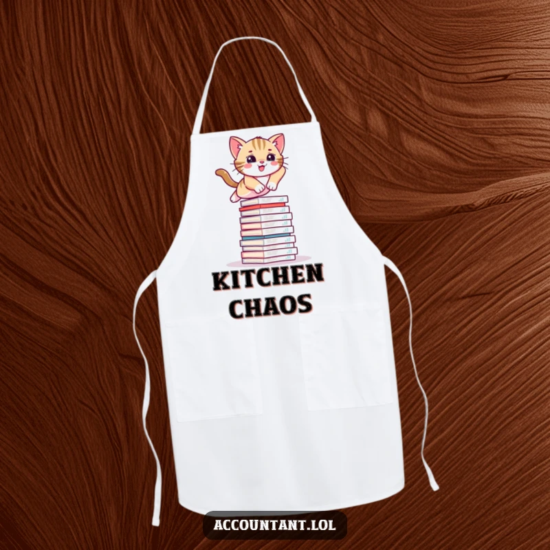 Funny apron with a playful kitten leaping over a stack of financial documents, ideal for humorous kitchen protection.
