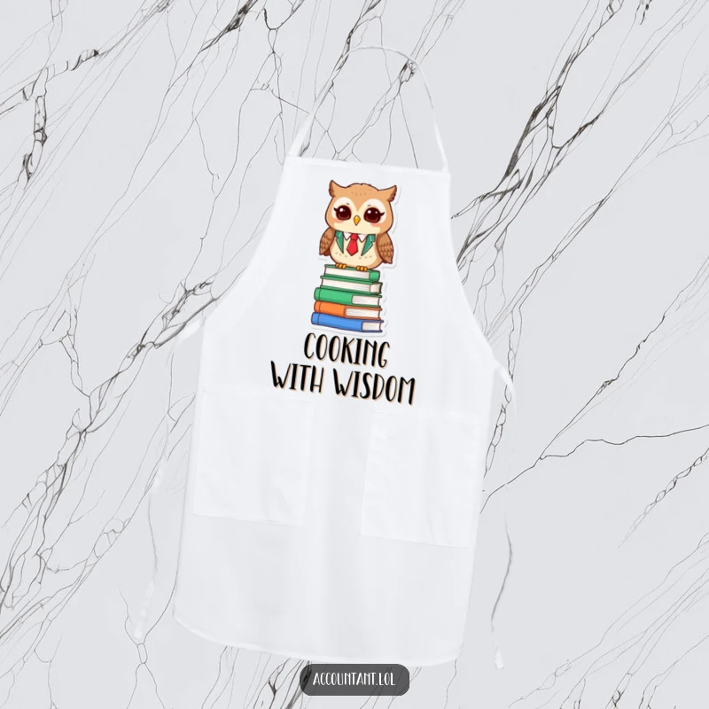 Funny Owl Accountant Apron: A wise owl accountant sits on books, ready for kitchen duty with satisfaction.