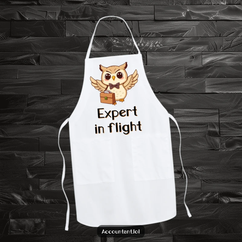 Funny Owl Apron: A dapper owl in a bow tie takes flight with a briefcase, ready to cook up a storm.