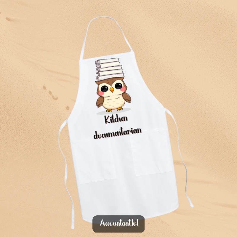 Funny apron with a giggling owl balancing a huge stack of paper, adding a humorous touch to kitchen duties.