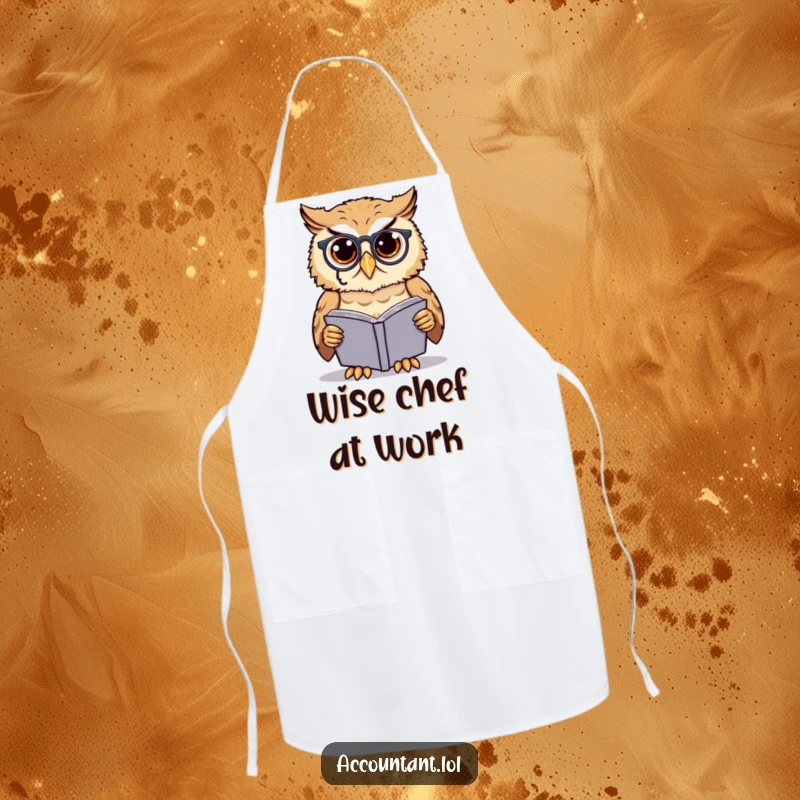 Funny owl scholar apron, a cute owl wearing a monocle, examining a ledgerbook, ideal for kitchen adventures.