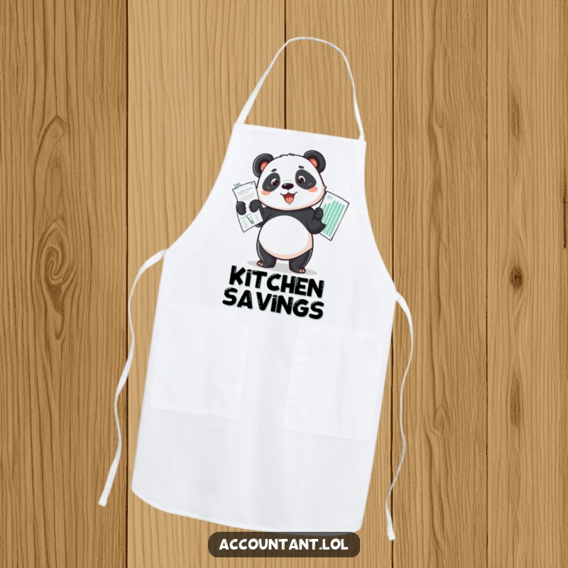 Funny determined panda proudly holding up a perfectly balanced budget spread on a practical apron for cooking.