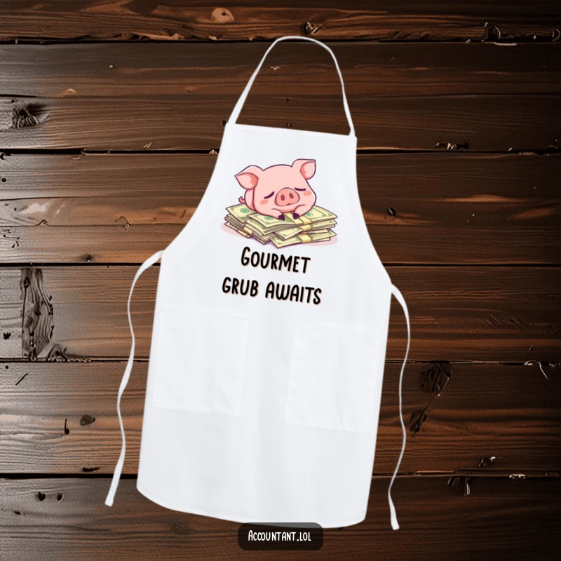 Funny apron showcasing a pig sleeping on money, a humorous and functional kitchen accessory for aspiring tycoons.