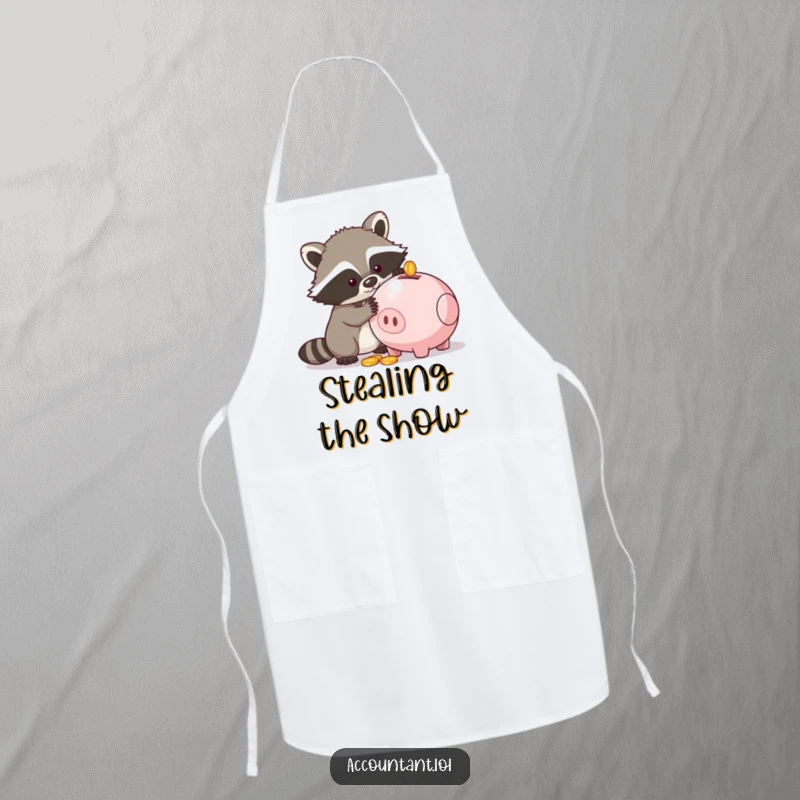 Funny apron showcasing a raccoon trying to steal coins from a piggy bank, a humorous and functional kitchen accessory.