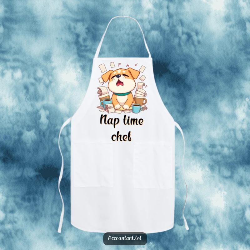 Funny sleepy dog yawning widely, surrounded by overflowing coffee cups and paperwork on a practical apron for cooking.