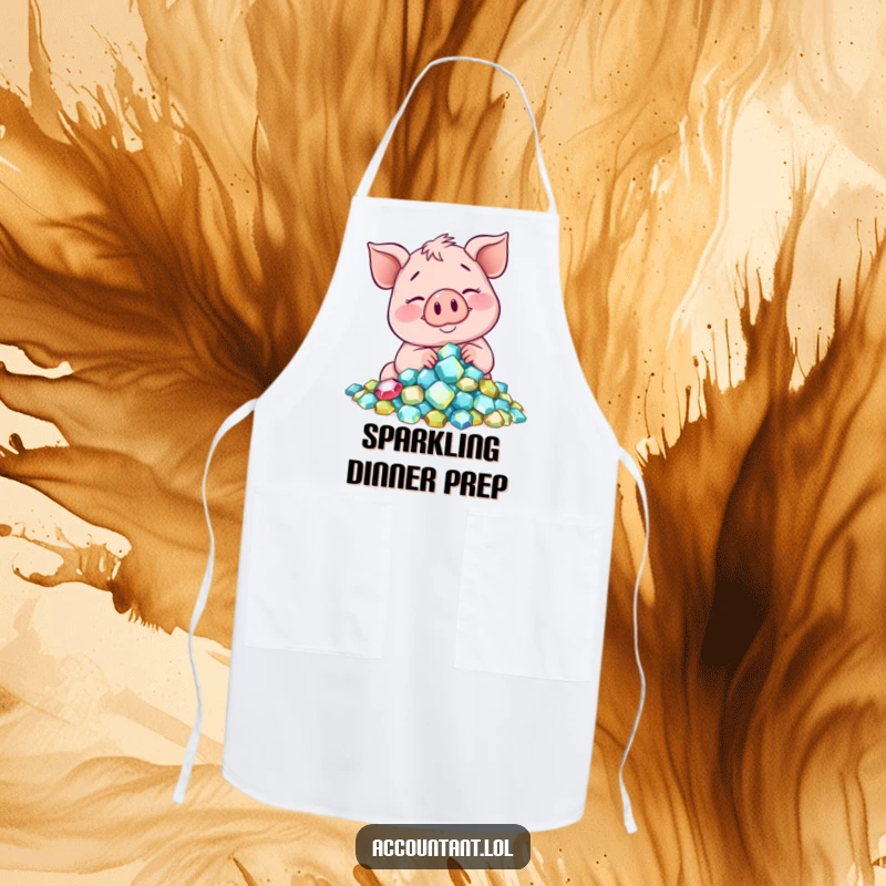 Funny smiling pig counting sparkling gems, a humorous and practical apron for kitchen luxury.