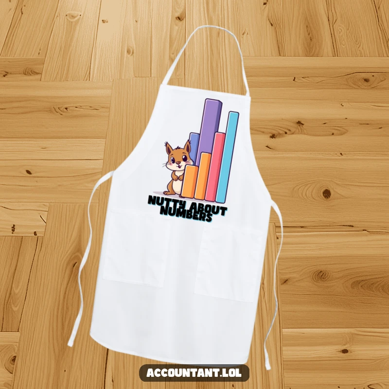 Funny squirrel peeking in amazement behind a colossal bar graph on a practical apron, ideal for cooking.