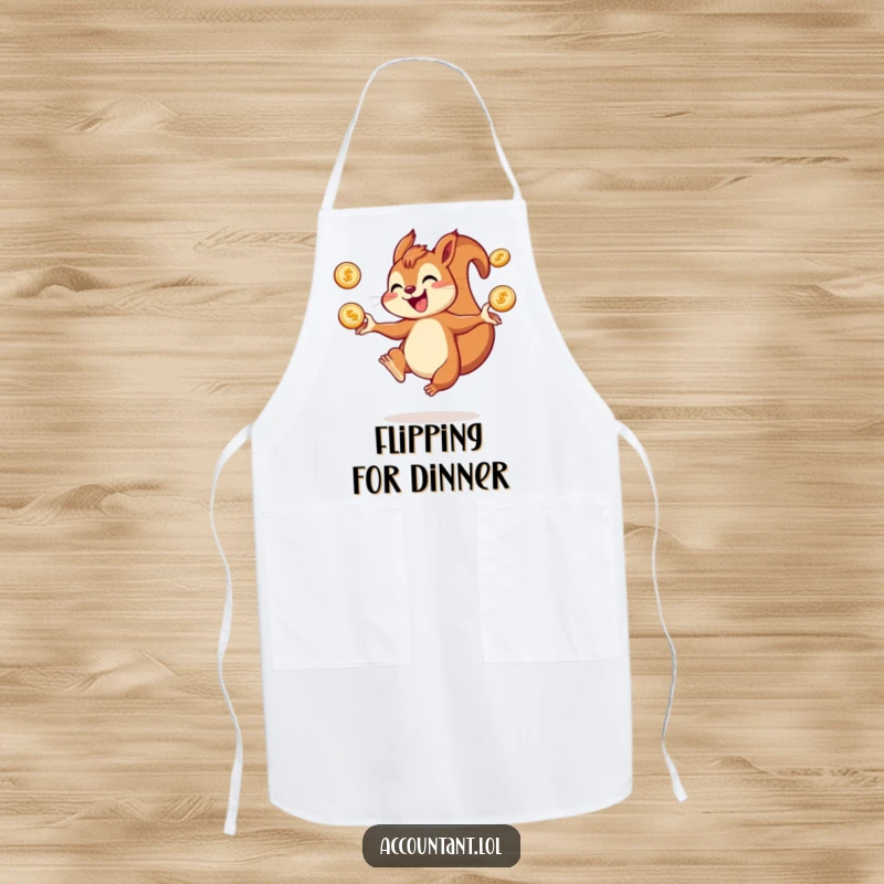 Funny squirrel apron showing a joyful squirrel juggling coins, perfect for kitchen fun and protecting clothes.