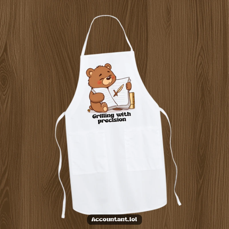 Funny determined brown bear scribbling furiously on a large ledger with a quill, worn as a kitchen apron.
