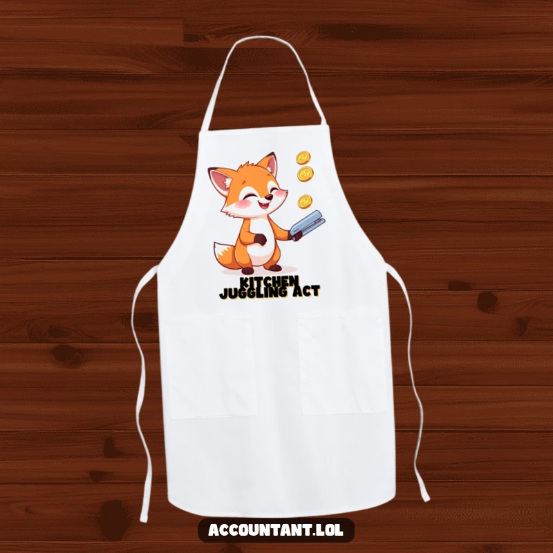 A giggling fox is juggling three shiny coins and a stapler with glee, printed on a funny apron.