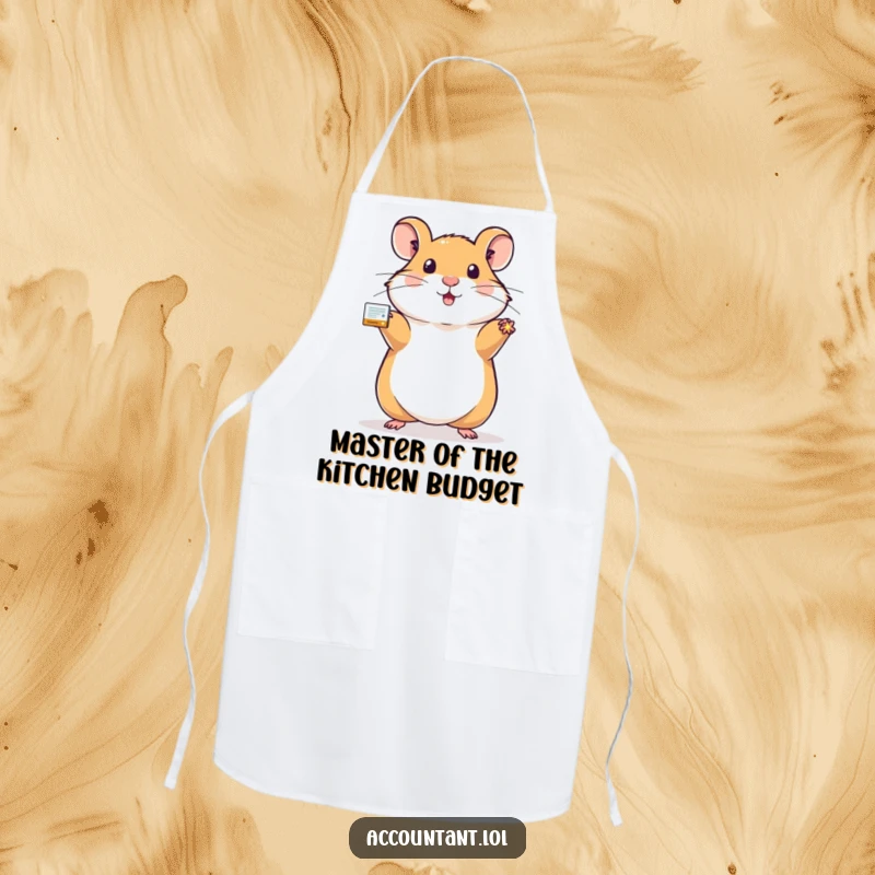 Funny hamster apron showing a proud hamster holding a sparkling, balanced ledger, ideal for kitchen tidiness and humor.