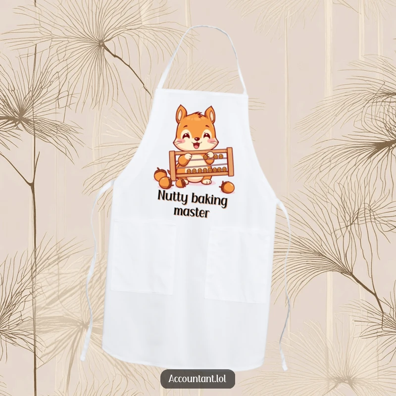 Funny Squirrel Saver Apron, a tiny squirrel, counting acorns on an abacus, humorous and practical, perfect for cooking.