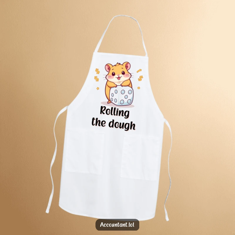 Funny apron showing a plump hamster energetically rolling a large dice covered in dollar signs, perfect for a humorous cooking experience.