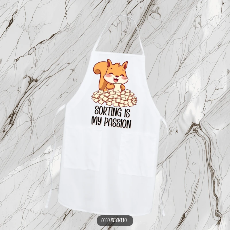 Funny squirrel apron, a delighted squirrel sorting many small paper slips, kitchen humor for organized chefs.