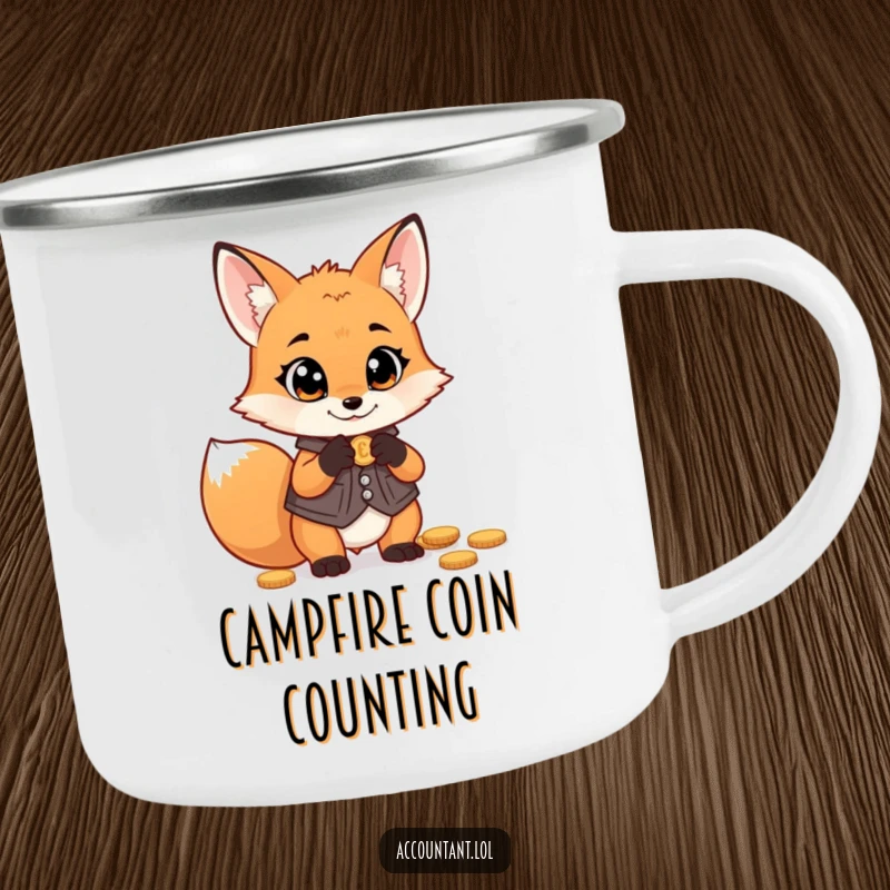 Funny fox money camping mug, a mischievous fox wearing a vest, counting coins with wide eyes, durable for outdoors.