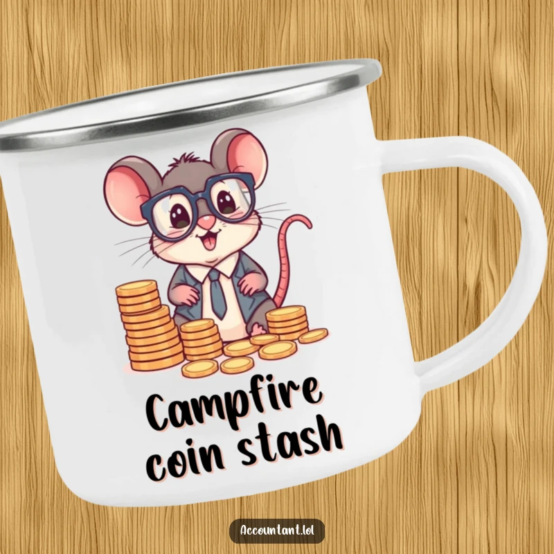Funny mouse accountant with big glasses, sorting coins, a sturdy, humorous mug for outdoor adventures.