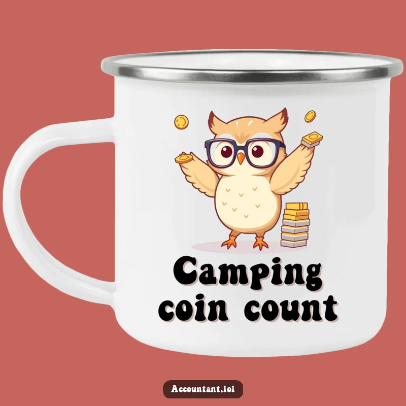 Funny Owl Juggling Coins Camping Mug: Wise Adventures, Perfect Outdoor Gift