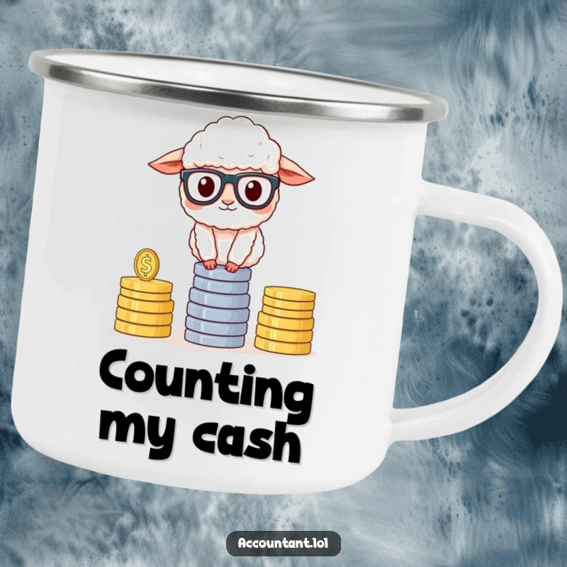 Funny Sheep Accountant Camping Mug, a sheep with glasses, balancing coins, durable and humorous, ideal for outdoor coffee lovers.