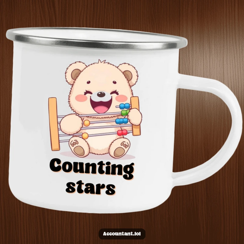 Funny camping mug showing a happy fluffy bear cub holding a giant abacus, ready for outdoor adventures and number crunching.