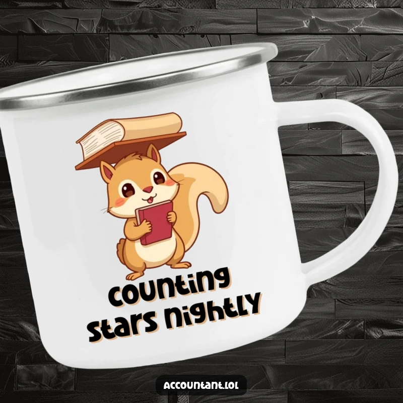 Funny Camping Mug showing a determined squirrel balancing a ledger, perfect for outdoor focus.