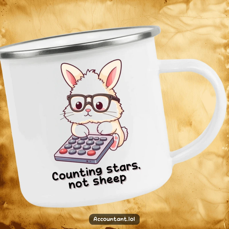 Funny Camping Mug with a fluffy bunny in glasses working on a calculator, perfect for outdoor adventures.