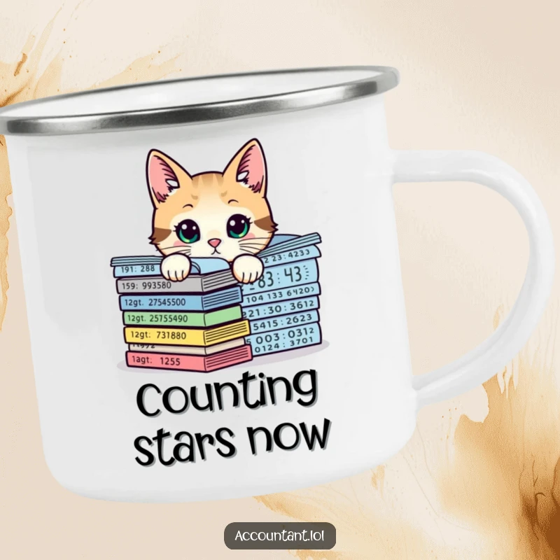 Funny curious cat behind expanding charts on a durable camping mug, ideal for outdoor enthusiasts and humor lovers.
