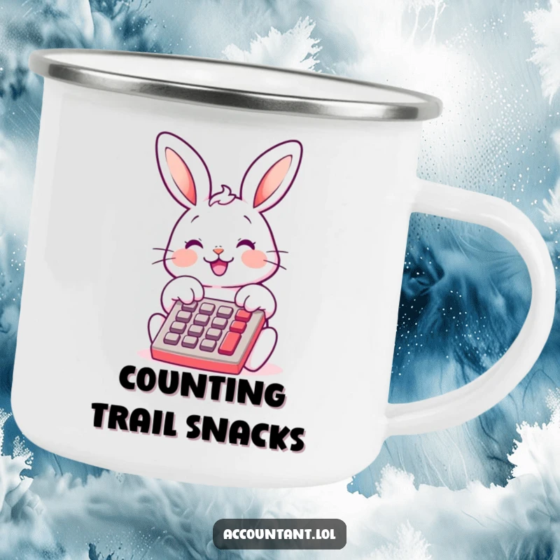 Funny Bunny Bookkeeper Camping Mug, a smiling bunny, tapping calculator, durable and humorous, ideal for outdoor adventures.