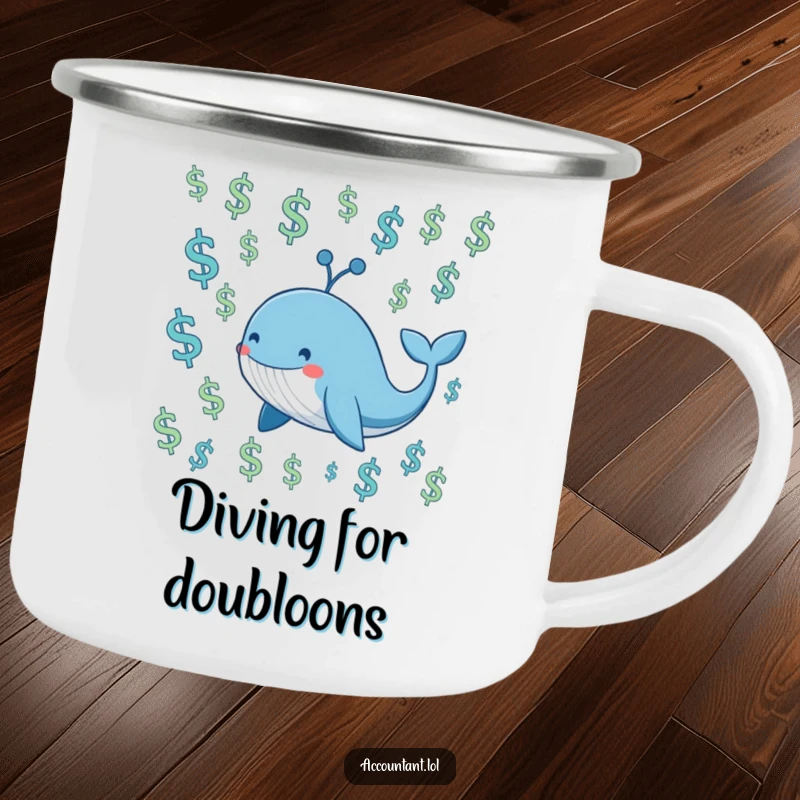 Funny smiling blue whale swimming through a sea of floating dollar signs, on a durable enamel camping mug.