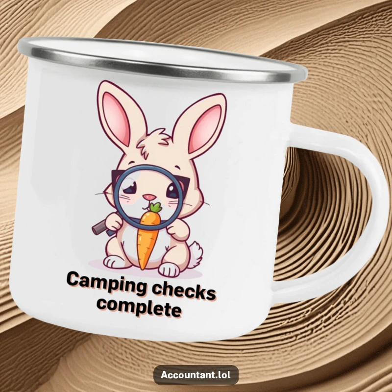 Funny Bunny Auditor Camping Mug: A bunny auditor with a magnifying glass inspects a tiny carrot, ready for the outdoors.