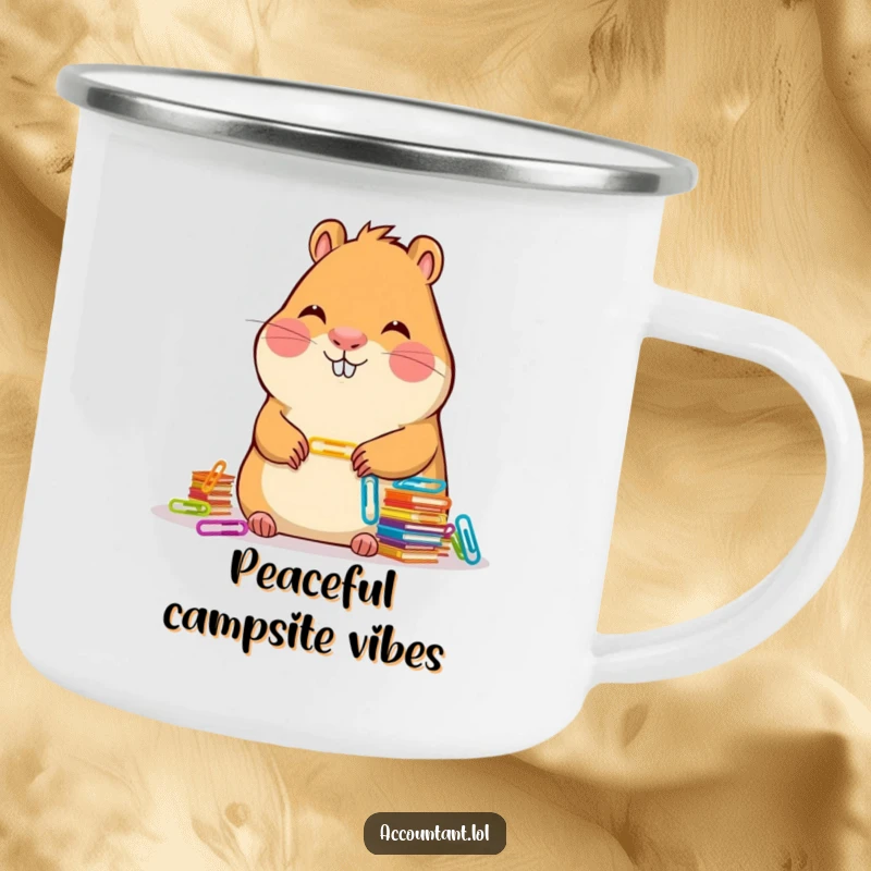 Funny Capybara Accountant Camping Mug: A calm capybara smiles while stacking colorful paper clips, ready for the outdoors.