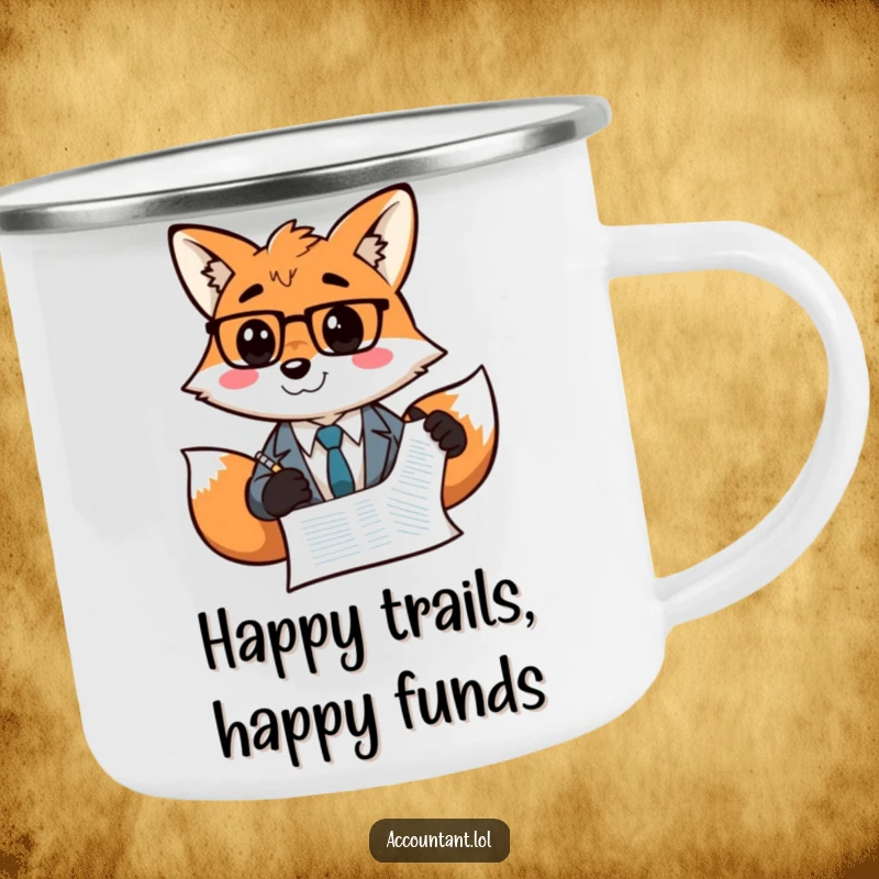 Funny Fox Accountant Camping Mug: A grinning fox accountant draws a smiley face on a balance sheet, ready for the outdoors.
