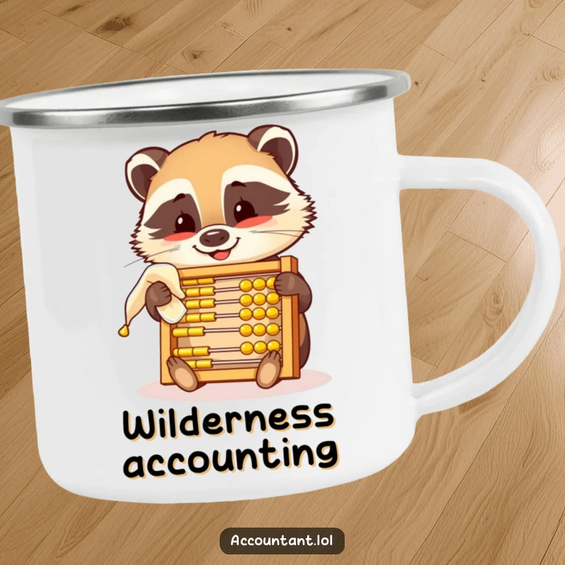 Funny camping mug showing a smiling badger polishing a golden abacus, perfect for outdoor math enthusiasts and humor lovers.